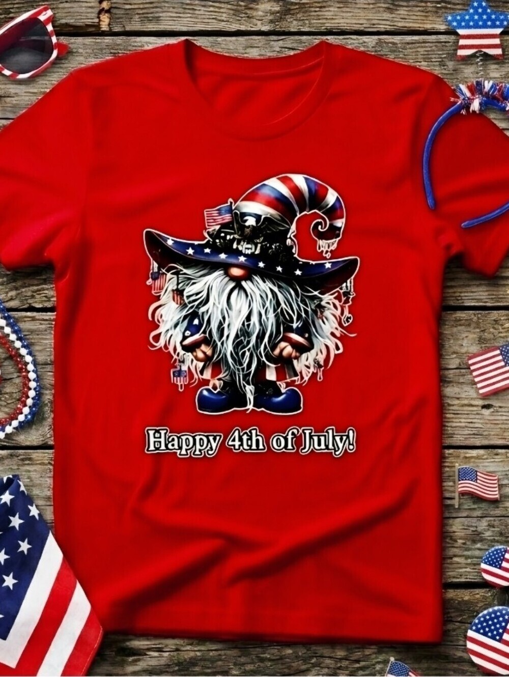 Patriotic Gnome 4th of July Tee | USA Flag Graphic Shirt | Americana Summer Top